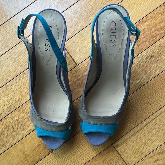 Guess Suede Multicolor Blue Gray Purple  Slingback Cork Heel Shoes  Sandals  8.5 - Picture 10 of 12